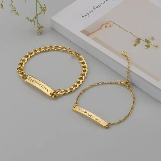 Bond matching adult and kids gold chain bracelets with engraved nameplates