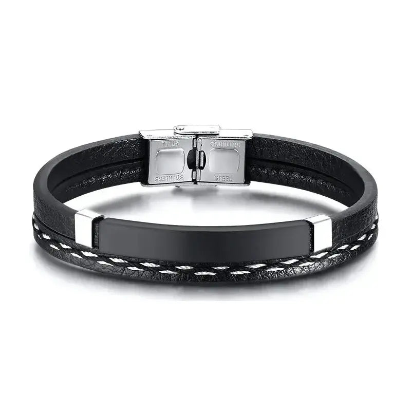 Crest leather bracelet with black ID plate, product photo on white background.