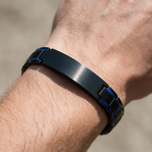 Customised Men's Bracelet – Marshal Line Watch-Band Bracelet in Blue Line Black, worn on a man's wrist.