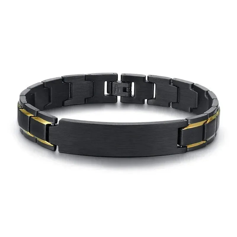 Customised Men's Bracelet – Marshal Line Watch-Band Bracelet in the Gold Line Black finish with a blank plate.