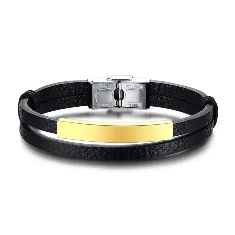 Weave leather bracelet with gold ID plate, product photo on white background.
