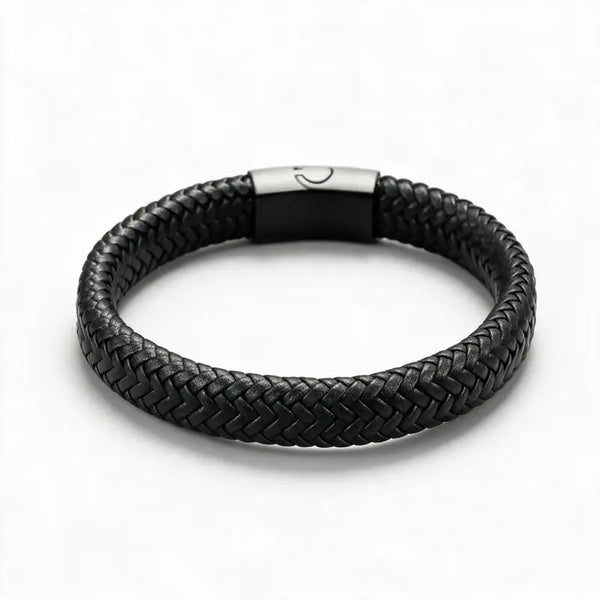 Black braided leather bracelet with a matte black magnetic clasp, on a white background.