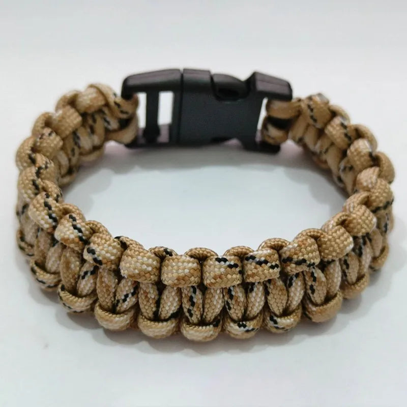 Cobra-weave paracord survival bracelet in Style A colorway with a plastic side-release buckle