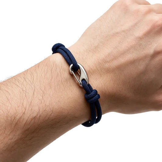 Tide Double-Wrap Rope Bracelet, navy blue rope with silver clasp, worn on wrist