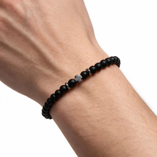 Vow Rice Bead Cross Bracelet worn on wrist