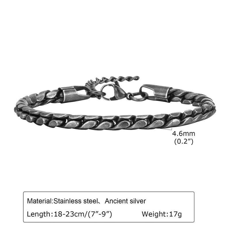 6mm oxidized stainless steel wheat link bracelet with adjustable extension chain and ball charm