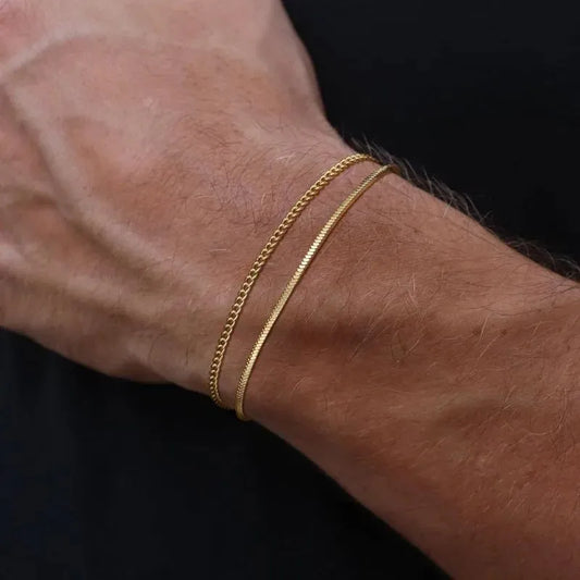 Two gold chains layered on the wrist, worn with black clothing in the background.
