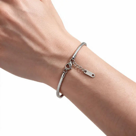 Silver stainless steel square snake chain bracelet worn on wrist with extension chain and steel tag, white background