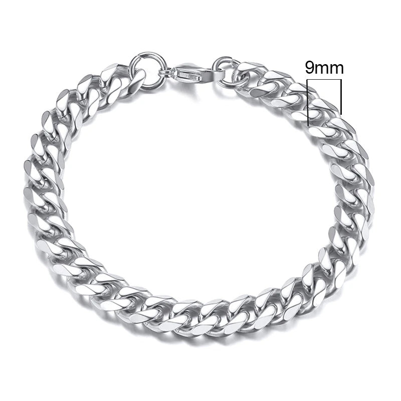 Silver Cuban link chain bracelet, 9mm width