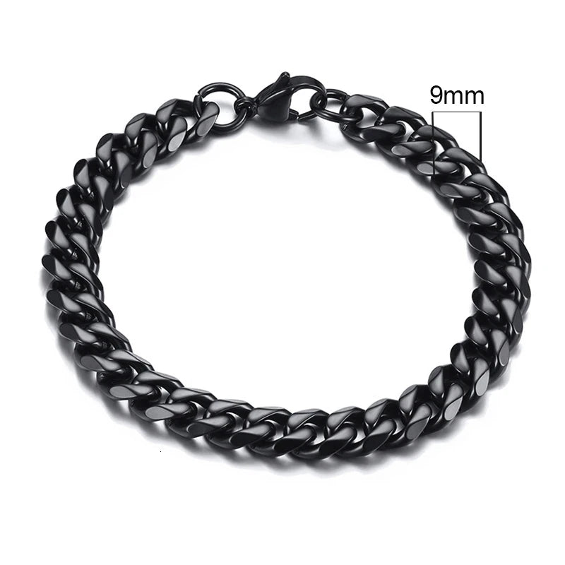 Black Cuban link chain bracelet, 9mm width