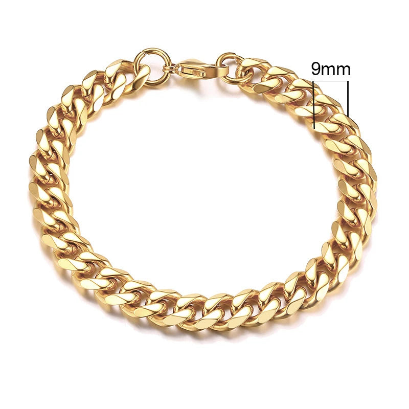 Gold Cuban link chain bracelet, 9mm width