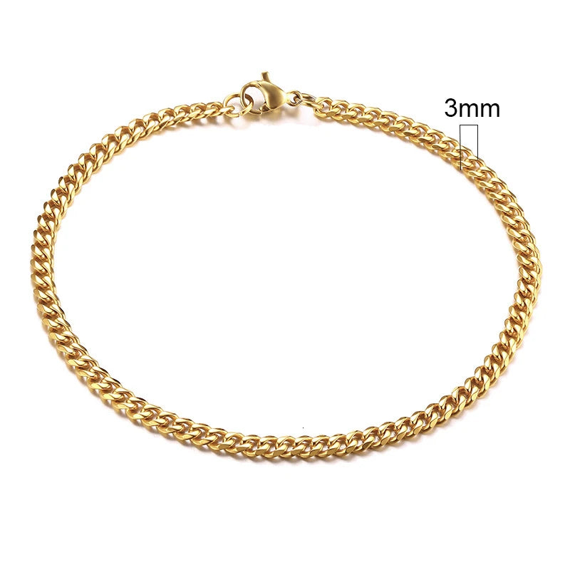 Gold Cuban link chain bracelet, 3mm width