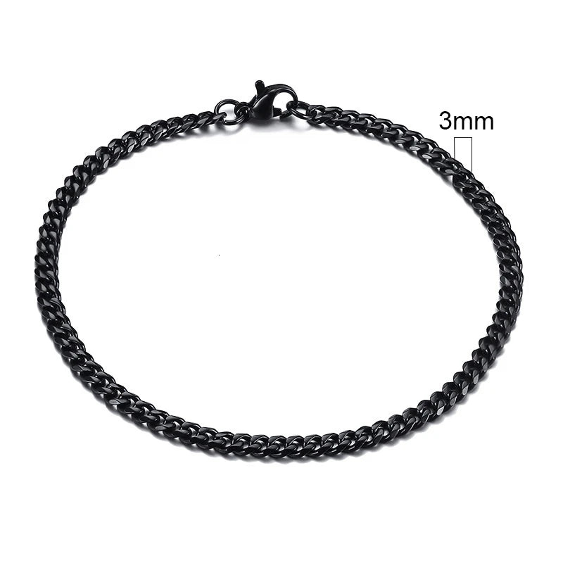 Black Cuban link chain bracelet, 3mm width