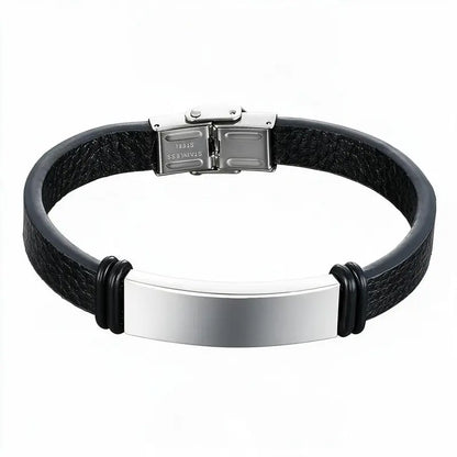 Anchor braided leather bracelet with blank silver ID plate, on a plain white background.