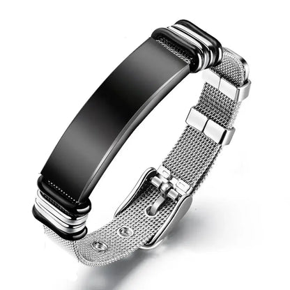 Customised Men's Bracelet – Apex Mesh ID Bracelet in the Black Silver finish with a blank black plate.