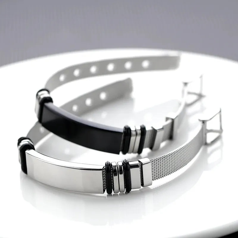 Silver and black versions of the Customised Men's Bracelet – Apex Mesh ID Bracelet shown together.