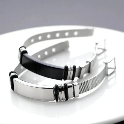 Silver and black versions of the Customised Men's Bracelet – Apex Mesh ID Bracelet shown together.
