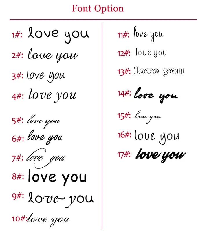 Font options chart for personalising the engraving text on the Customised Men's Bracelet – Apex Mesh ID Bracelet.