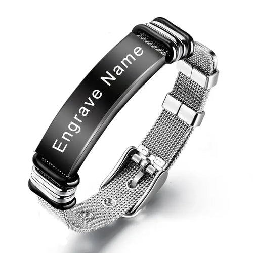 Customised Men's Bracelet – Apex Mesh ID Bracelet with a black engraving plate on a stainless steel mesh strap.
