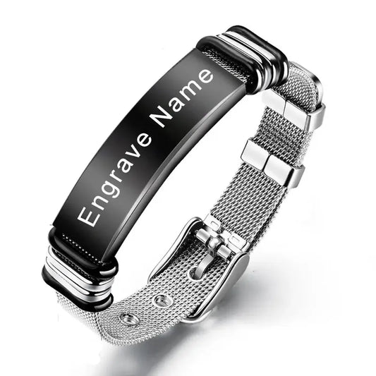 Customised Men's Bracelet – Apex Mesh ID Bracelet with a black engraving plate on a stainless steel mesh strap.