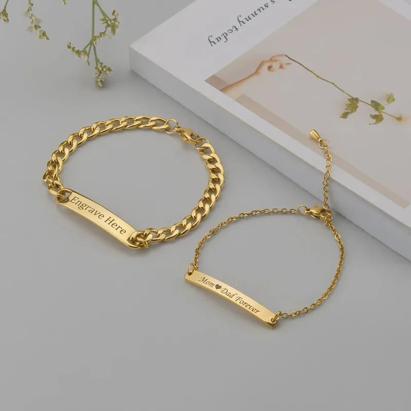 Bond matching adult and kids gold chain bracelets with engraved nameplates