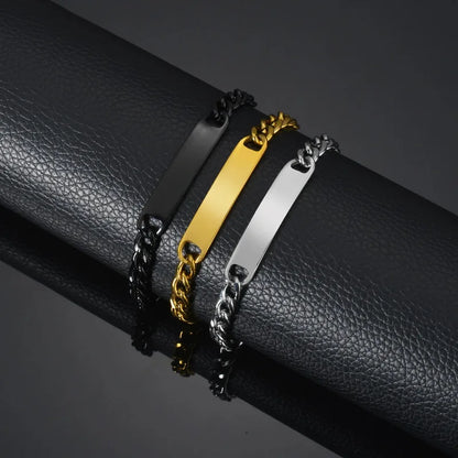 Bond chain bracelets in black, silver and gold finishes