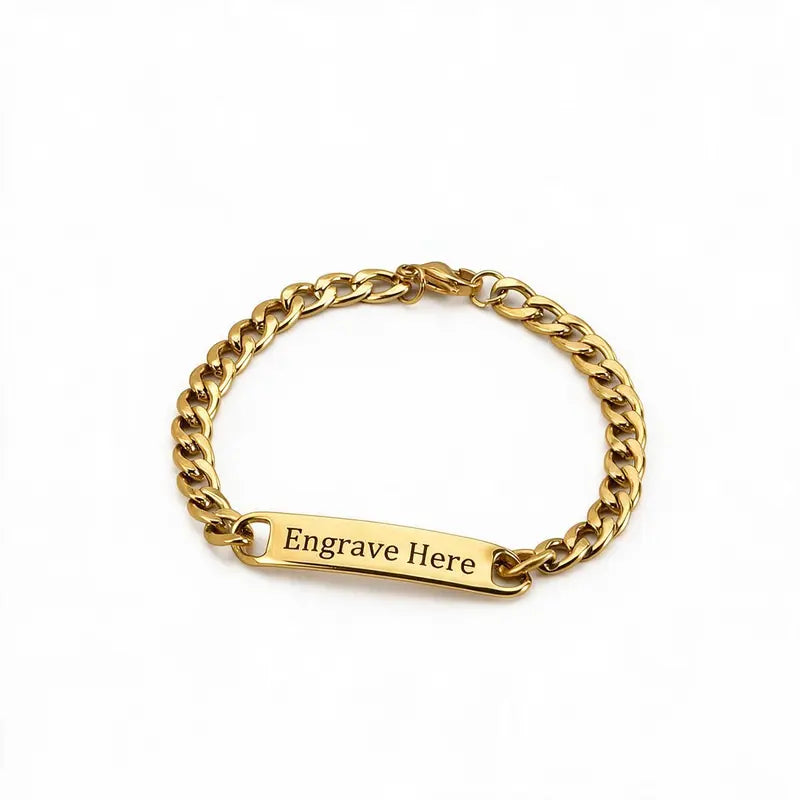Bond gold nameplate chain bracelet with engraved bar, product photo on white background.
