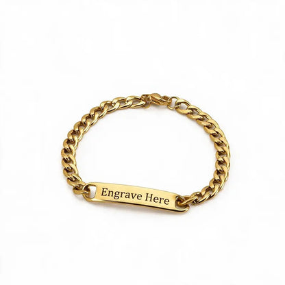 Bond gold nameplate chain bracelet with engraved bar, product photo on white background.