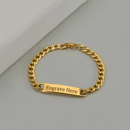 Bond gold chain bracelet with 'Engrave Here' nameplate
