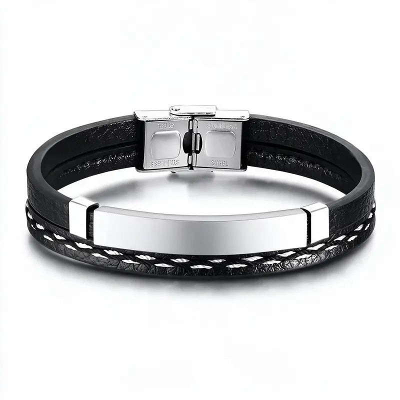 Crest leather bracelet with blank silver ID plate, on a plain white background.