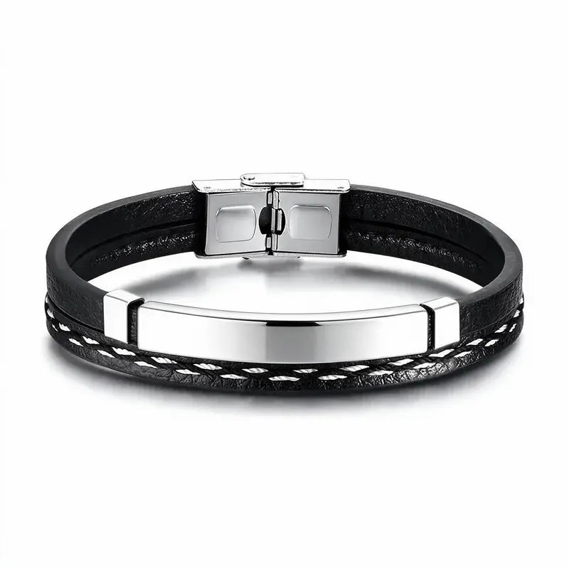 Crest black leather bracelet with silver ID plate, product photo on white background.