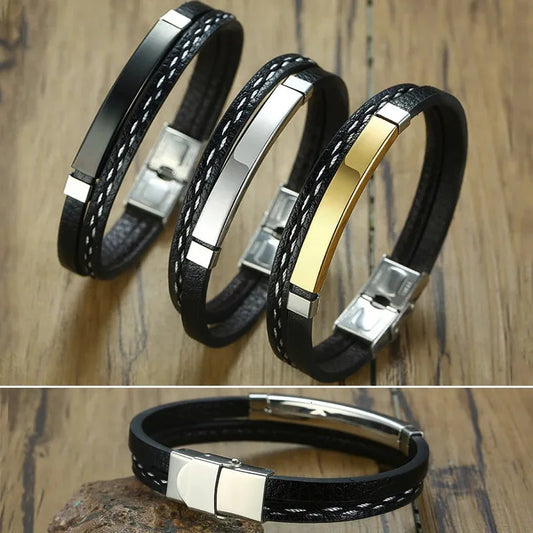 Crest multi-layer leather bracelets in silver, black and gold ID plate finishes