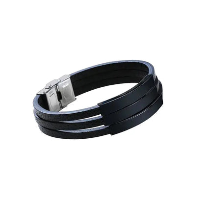 Duet leather bracelet with black ID plates, product photo on white background.