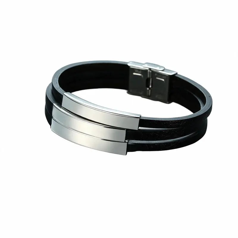 Duet leather bracelet with two blank silver ID plates, on a plain white background.