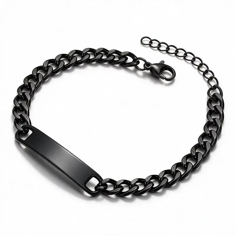 Forge black chain link bracelet with engraved ID plate and adjustable extension chain, unclasped, product photo on white background.