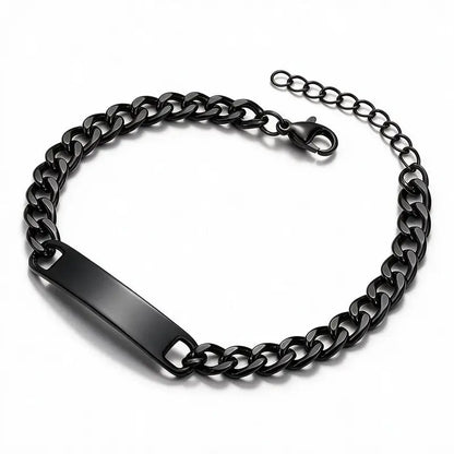 Forge black chain link bracelet with engraved ID plate and adjustable extension chain, unclasped, product photo on white background.
