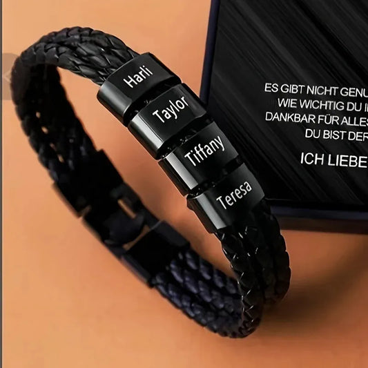 Customised Men's Bracelet – Heritage Family Names Bracelet with four engraved name beads on braided leather.