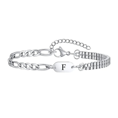 Insignia initial bracelet with letter F engraved ID tag