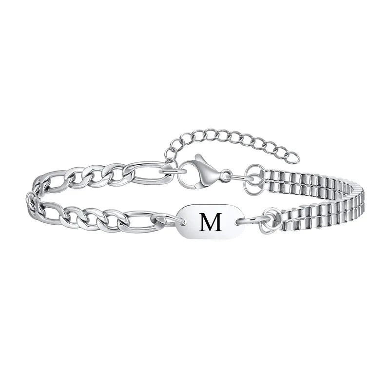 Insignia initial bracelet with letter M engraved ID tag
