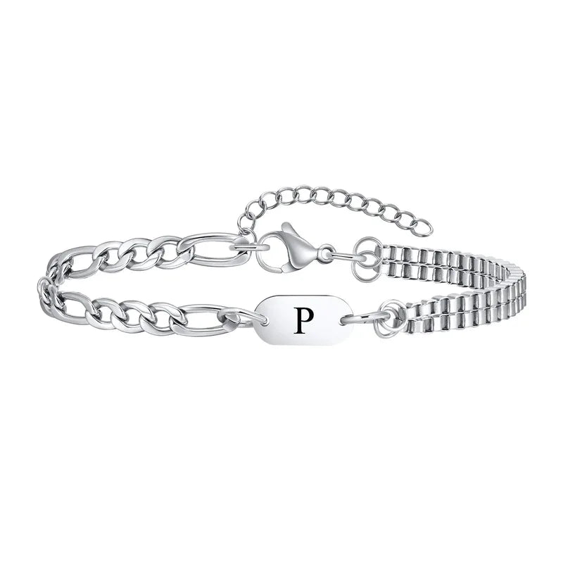 Insignia initial bracelet with letter P engraved ID tag