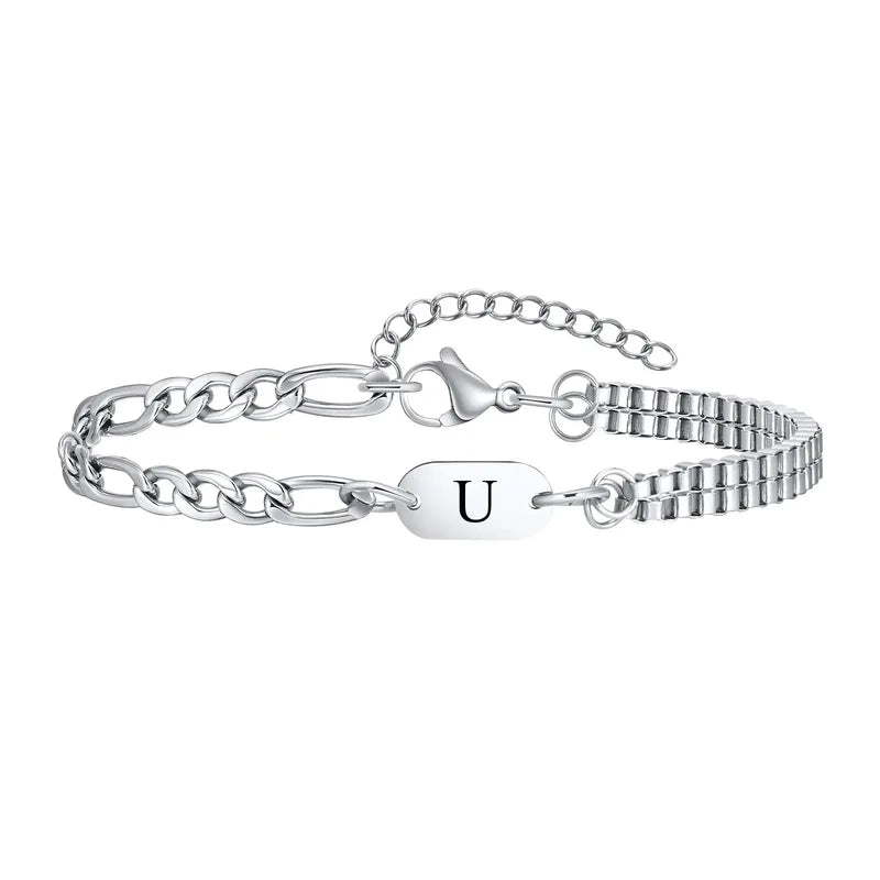 Insignia initial bracelet with letter U engraved ID tag