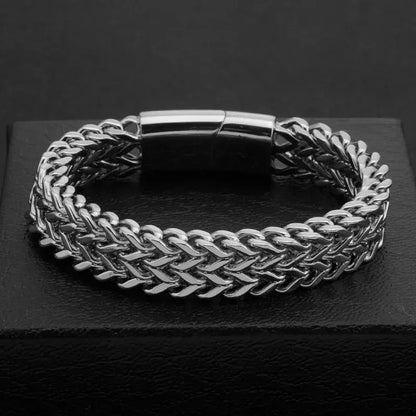 Ironclad Cuban Chain Bracelet displayed on a black leather box, highlighting the double-row stainless steel chain.