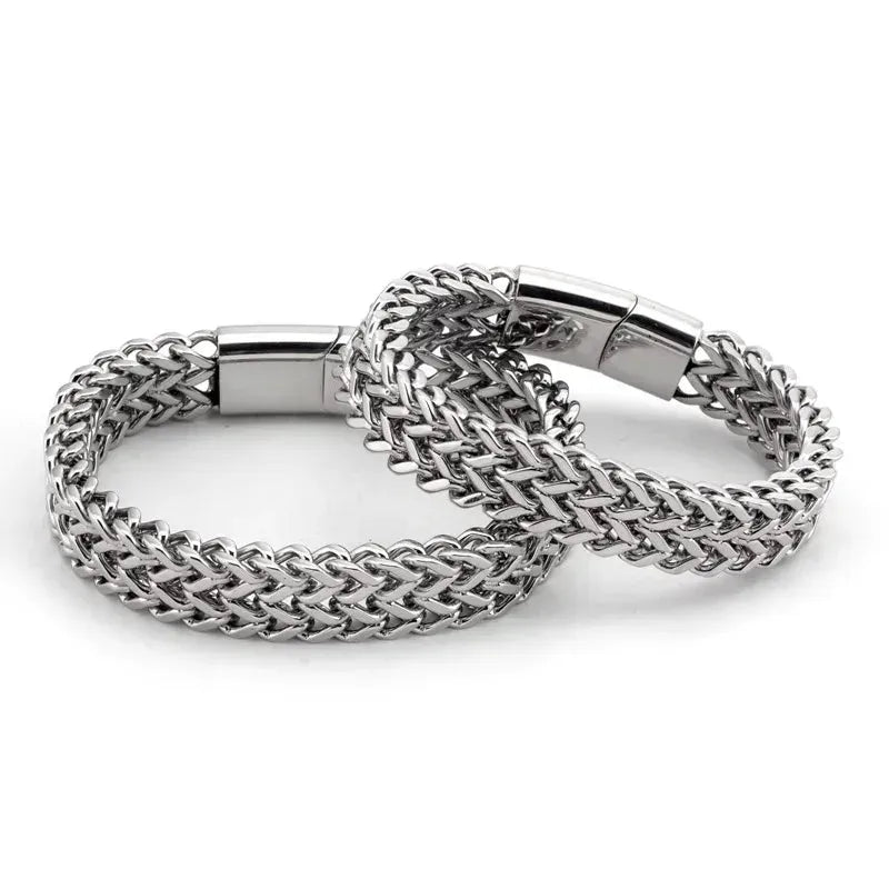 Two Ironclad Cuban Chain Bracelets interlocked, showcasing the bold double-chain design for men.
