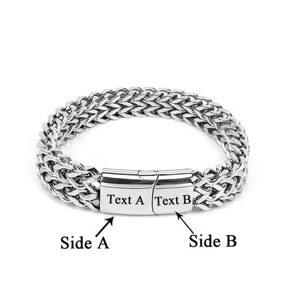 Engraving guide showing Side A and Side B text placement on the Ironclad Cuban Chain Bracelet clasp.