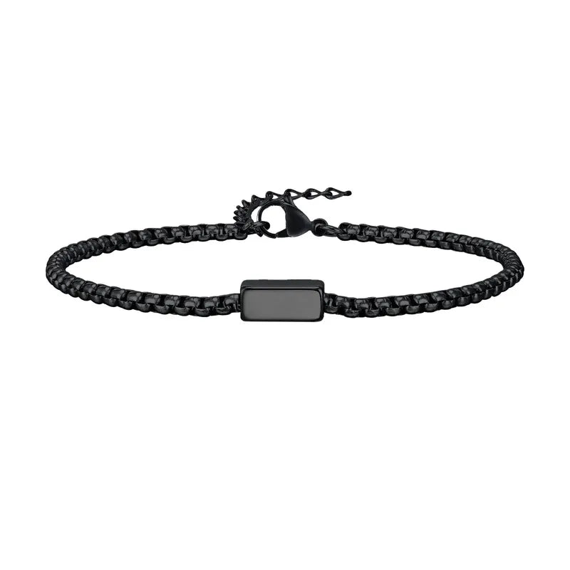 Customised Men's Bracelet – Kinship Box Chain Bracelet in the Black finish with a blank engravable tab.