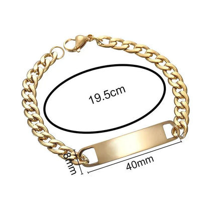 Diagram showing the gold curb chain bracelet's 19.5cm length and 40mm by 8mm nameplate dimensions