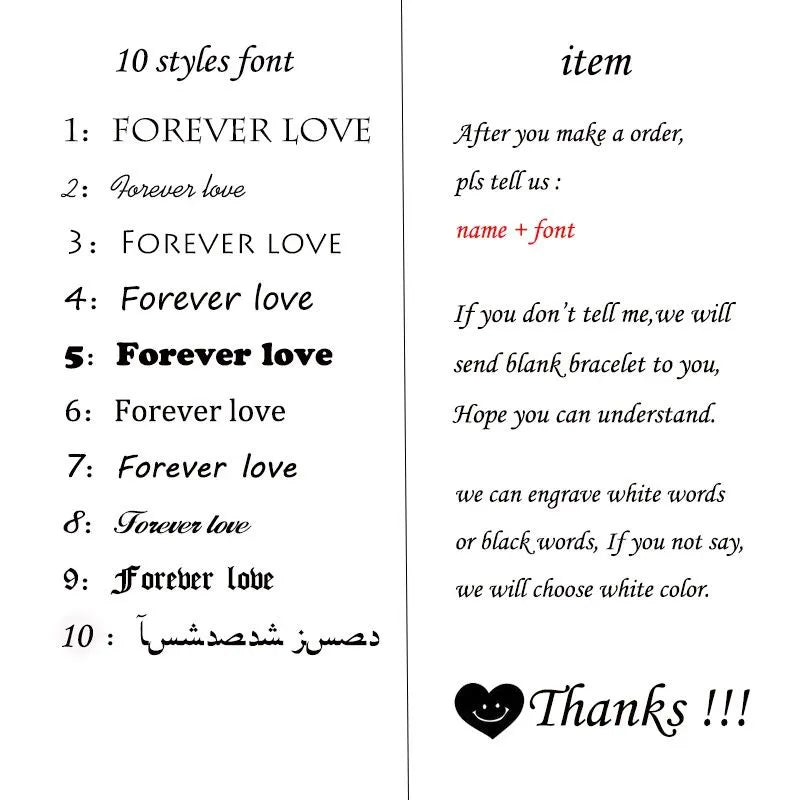 Font options chart for personalising the engraving on the nameplate bracelet