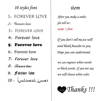 Font options chart for personalising the engraving on the nameplate bracelet