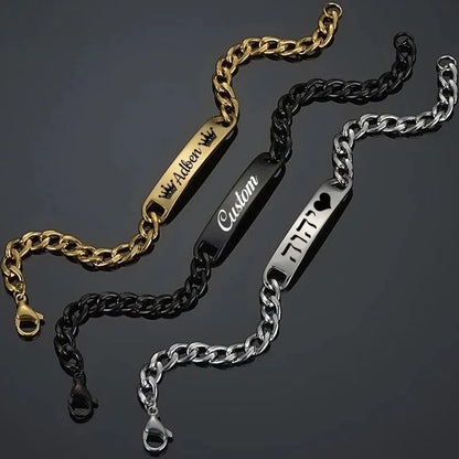 Gold, black and silver curb chain nameplate bracelets shown together with different sample engravings