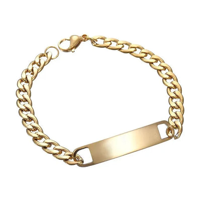 Blank gold nameplate bracelet shown at an angle on a white background